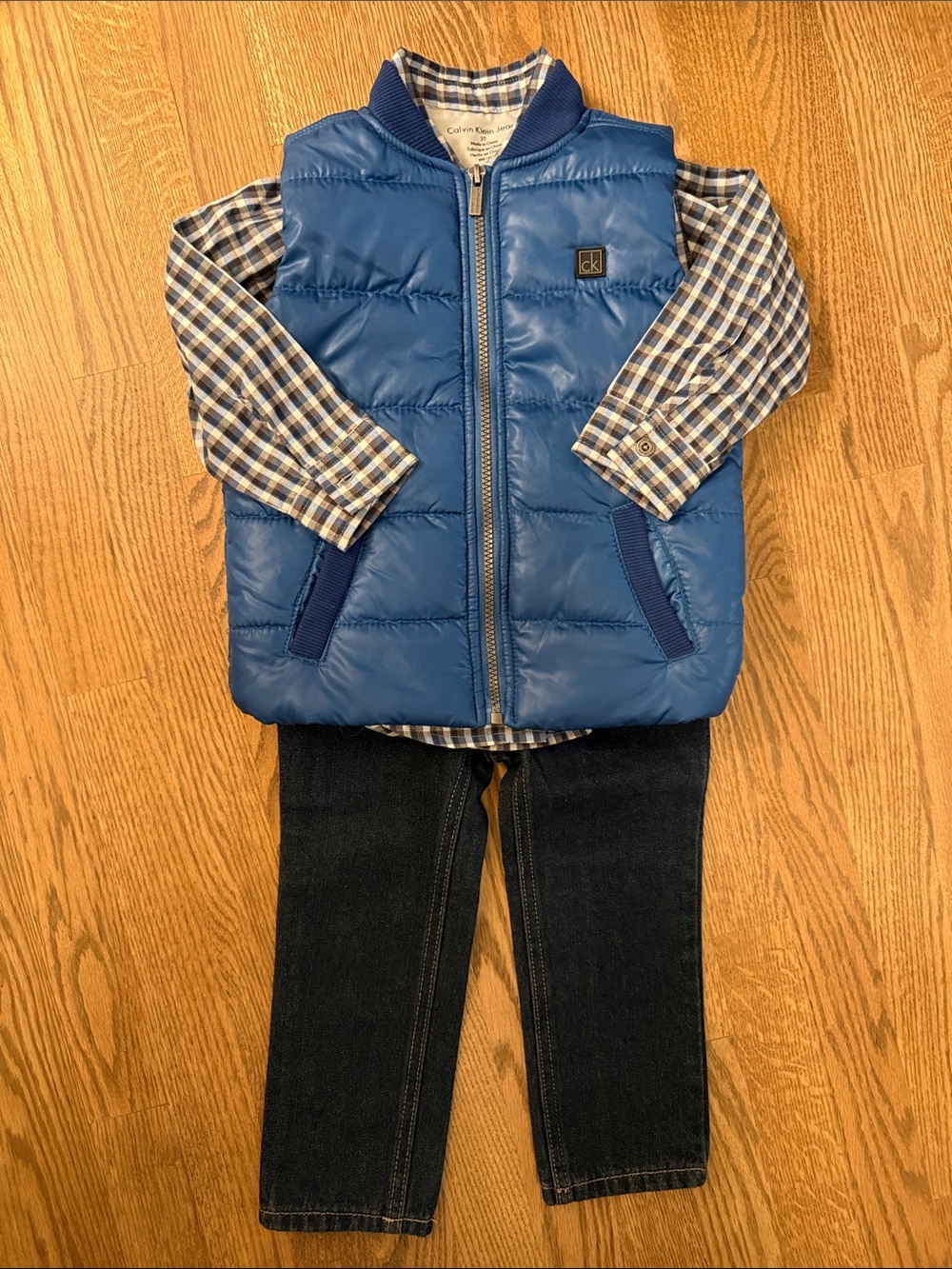 Calvin Klein Blue Quilted Puffer Vest Button Down Shirt and Jeans Set Boys 3T